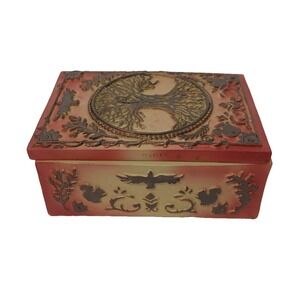 Tree Of Life Jewelry Trinket Box Intricate Raised Design Hand Painted BOHO